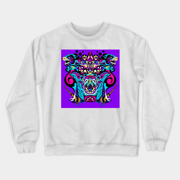 the rainbow hand of god in sutra buddha kaiju pattern art Crewneck Sweatshirt by jorge_lebeau